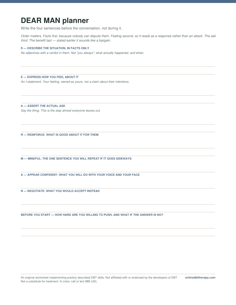 First page of the DEAR MAN planner worksheet
