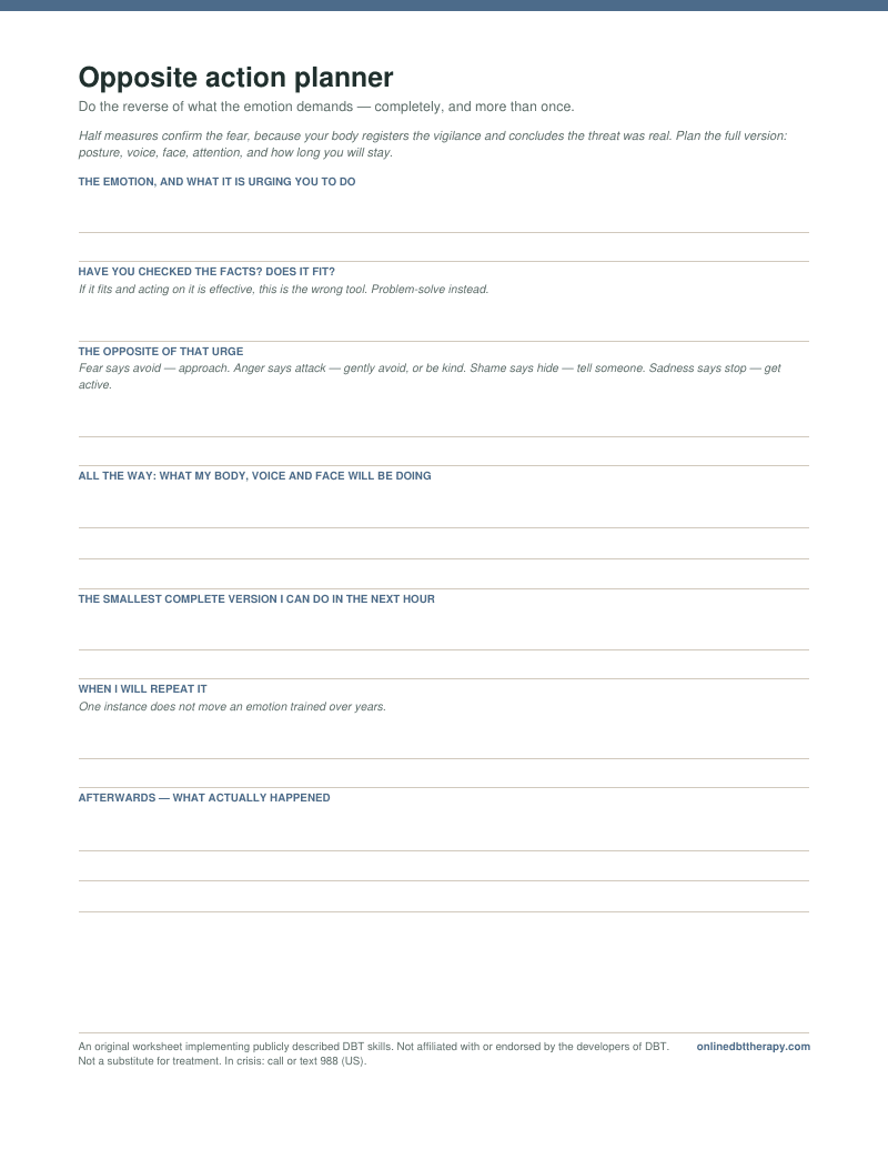 First page of the Opposite action planner worksheet