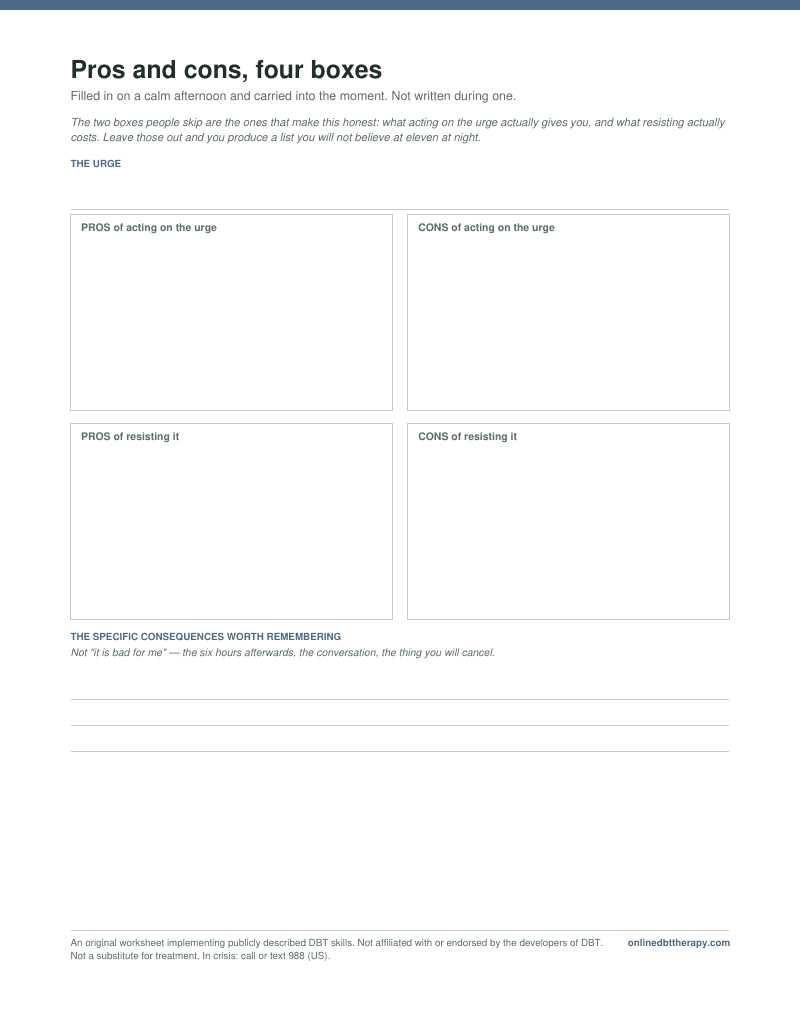 First page of the Pros and cons, four boxes worksheet