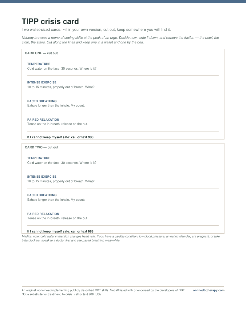 First page of the TIPP crisis card worksheet