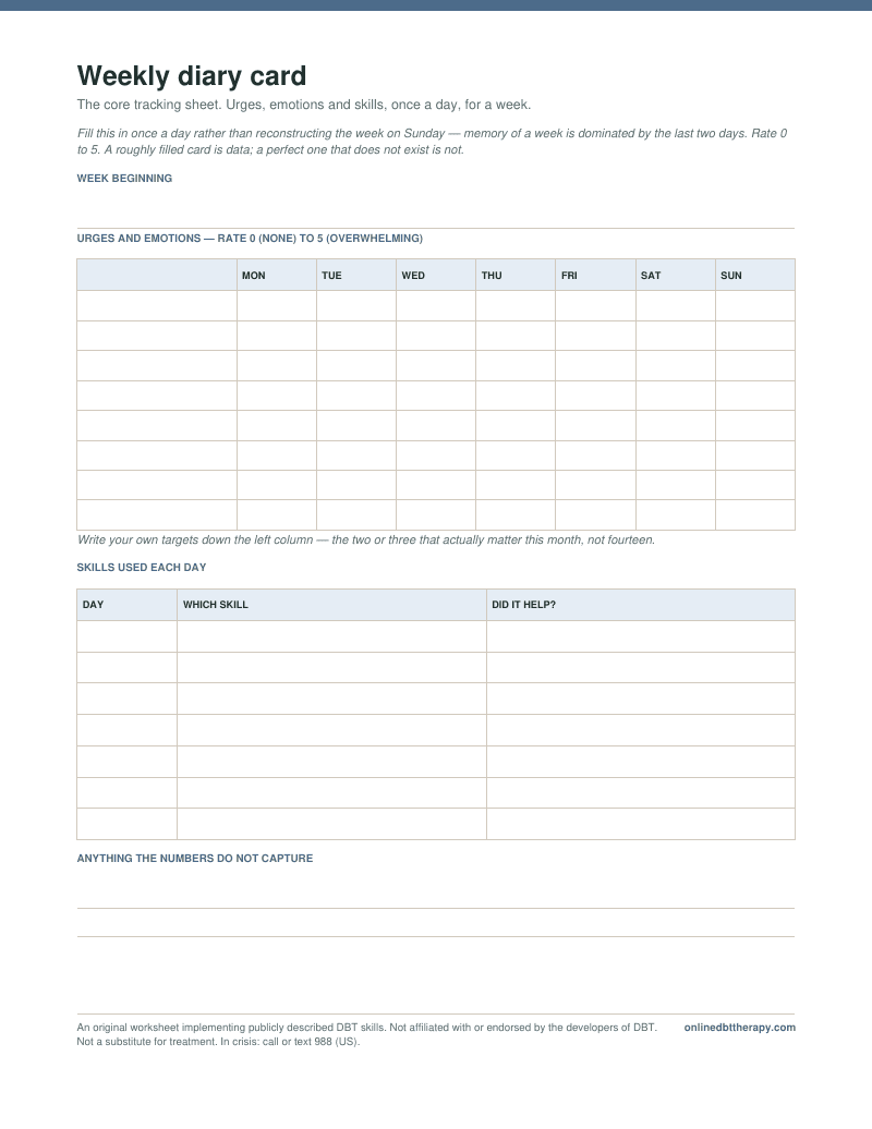 First page of the Weekly diary card worksheet